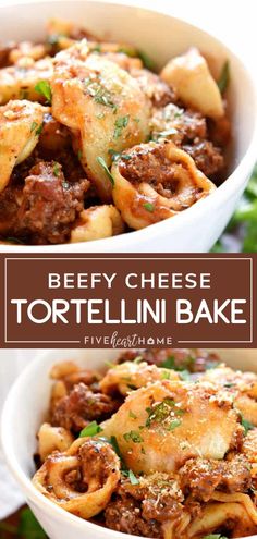 beefy cheese tortellini bake in a white bowl