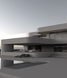 an architectural rendering of a modern house on the water's edge with stairs leading up to it