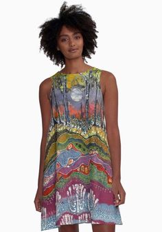 "This A-Line Dress features my batik landscape \"Moonlight Over Spring\". This batik shows what is going on below the earth, usually unseen, as the spring wood element brings the earth to life and growth. It has gone through 15 dye baths to achieve these colors and effects. These pieces create a unique, one-of-a-kind design on your piece of clothing. - Loose swing shape for an easy, flowy fit - Print covers entire front and back panel with your chosen design - 97% Polyester / 3% Elastane woven d Moonlight Dress, Wood Element, Make Do And Mend, Make Do, Handmade Oil, Trendy Decor, Woven Dress, Dress For Sale, May 1