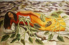 a painting of a woman laying on the ground with green leaves around her body and head