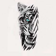 a black and white tiger with blue eyes on it's face is drawn in pencil