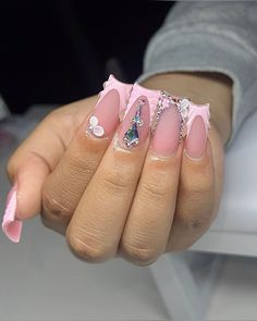 Butterfly Charm Acrylic Nails, French Tip With Butterfly Charm, Pink French Tip Nails Charms, Butterfly Nail Charm Nails, Pink Nails With Butterfly Charm, Pink French Tips, Neon Acrylic Nails, Bling Things, Quinceañera Ideas