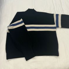 Sanctuary Sport Striped Knit Sweater - Like New Condition Never Worn Sporty Winter Sweater For Workwear, Trendy Navy Sweater For Winter, Sporty Knit Sweater With Ribbed Collar, Sporty Knitted Fall Sweater, Navy Ribbed Sweater For Winter, Sporty Knit Black Sweater, Retro Ribbed Knit Sweater, Sporty Black Knit Sweater, Black Sporty Knit Sweater