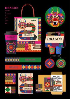 an assortment of items that include bags, tags and stickers for the dragon brand