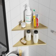 two shelves in the bathroom are filled with personal care items