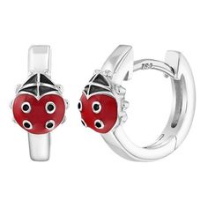 These hoop huggie earrings for girls are simply adorable! Each earring features a sweet little ladybug crafted of red and black enamel and 925 sterling silver which is ideal for sensitive ears. Certain cultures believe that the stronger the color red is on the ladybug, the better your luck will be. Your little girl will rejoice at the sight of these ladybug hoop earrings. The red accents are finished in enamel, a wonderful jewelry kids gift year-round, packaged neatly in a gift box. Enamel Huggie Earrings Perfect For Gifts, Red Huggie Earrings Gift, Red Huggie Earrings For Gift, Playful Red Hypoallergenic Jewelry, Ladybug Crafts, Earrings For Girls, Kids Earrings, Huggie Hoop Earrings, Red Accents