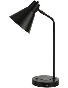 a black desk lamp on a white background with the light turned on and one arm extended