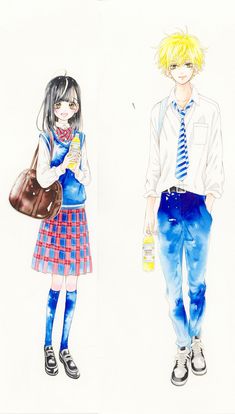 two anime characters are standing next to each other, one is wearing a tie and the other has a bag