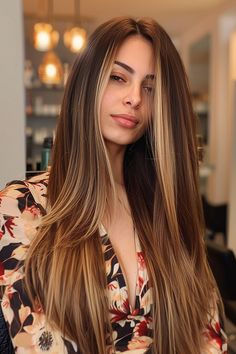 Woman with long, straight, dark brown hair featuring soft blonde blended highlights Blended Highlights, Highlights