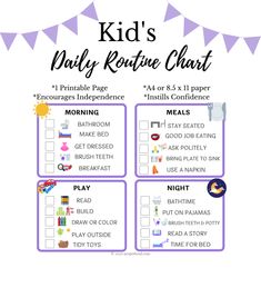 a printable daily routine chart for kids with pictures on the front and back side