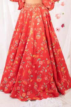 Shop for Esha Koul Red Gajji Satin Floral Print Blouse And Lehenga Set for Women Online at Aza Fashions Silk Lehenga With Printed Motifs And Traditional Drape, Festive Silk Lehenga With Digital Print, Silk Lehenga With Printed Motifs In Traditional Drape, Silk Lehenga With Printed Motifs For Party, Silk Lehenga With Printed Motifs For Festive Occasions, Silk Lehenga With Digital Print For Diwali, Silk Lehenga With Digital Print For Navratri, Silk Wedding Lehenga With Printed Motifs, Art Silk Wedding Dress With Printed Motifs