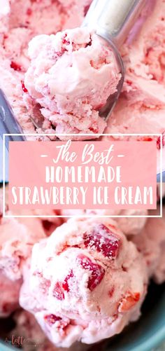 the best homemade strawberry ice cream in a blue bowl with a scoop full of it