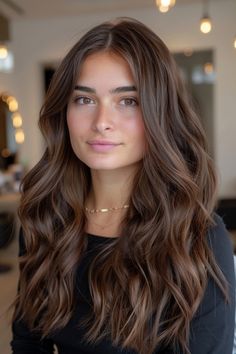 Woman with long wavy brown hair wearing a black top, indoors. Brown Medium Hairstyles, Brunette Hair Before And After, Dimensional Brunette Chocolate Brown, Warmer Brown Hair, Dark Brown Hair Golden Undertones, Long Natural Brunette Hair, Balayage Hair Brown Dark, Brunette Hair Color No Highlights