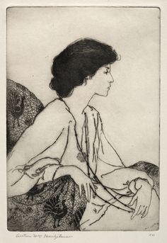 a black and white drawing of a woman sitting on a couch with her hands in her lap