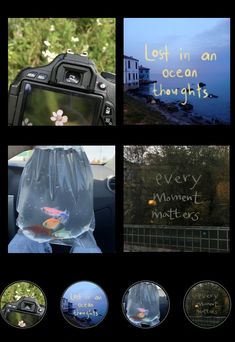 several different pictures with words on them and images in the bottom right hand corner, along with an image of a camera