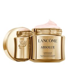 WHAT IT IS   A rich face cream with a unique, transforming texture that visibly reduces wrinkles and fine lines, while rejuvenating skin with firmness, radiance and 24-hour hydration.        WHAT ELSE YOU NEED TO KNOW   Made with an exclusive blend of Grand Rose Extracts, this indulgent cream visibly revitalizes skin with moisture, firmness and plumpness. Its unique texture creates a sensorial journey as it transforms from a thick hydrating cream, to a thin serum-like lotion, to a thick layer pl Lancome Absolue, Rose Extract, Luxury Cosmetics, Brightening Cream, Rose Essential Oil, Hydrating Cream, Facial Moisturizers, Moisturizer For Dry Skin, Smoother Skin