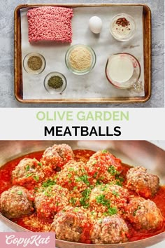 an image of some meatballs in a pan with sauce and seasonings on the side