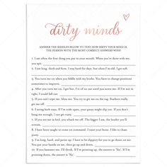 a printable party game with the words dirty minds written in pink and gold on it