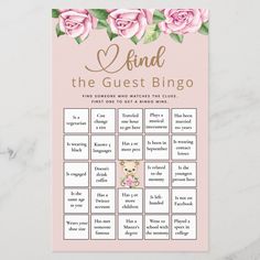 a pink rose themed wedding game with the words kind of the guest bingo on it