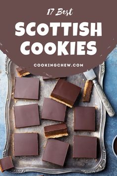 some brownies are on a tray with the words, 17 best scottish cookies