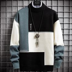 Half High Collar Base Sweatshirt – The Men's Outfits White Winter Patchwork Top, White Patchwork Top For Winter, Winter Crew Neck Patchwork Tops, Winter Crew Neck Tops With Patchwork, Winter Patchwork Crew Neck Tops, Black Crew Neck Sweater With Patchwork, Black Patchwork Crew Neck Sweater, White Patchwork Crew Neck Sweatshirt, Black Patchwork Sweater For Streetwear