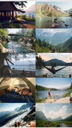 the collage shows many different views of mountains and water, with people camping in hammocks