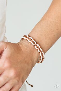 White and brown leather laces weave around the wrist, creating a rustic braid. Features an adjustable sliding knot closure. Adjustable Sliding Knot, Sliding Knot Closure, Lace Weave, Brown Bracelet, Sliding Knot, Paparazzi Accessories, Paparazzi Jewelry, Infinity Bracelet, Leather And Lace