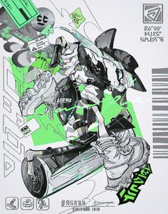 a drawing of a person riding a motorcycle on a track with green and white graphics