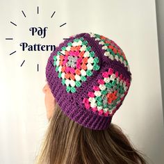 a woman wearing a crocheted hat with the words pop pattern above her head