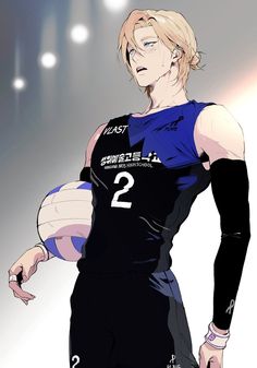 an anime character is holding a volleyball ball in his right hand and looking at the camera