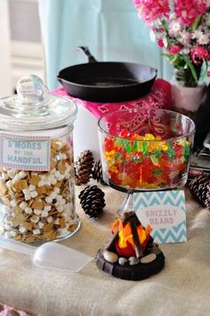 a table topped with lots of candy and candies next to a potted plant