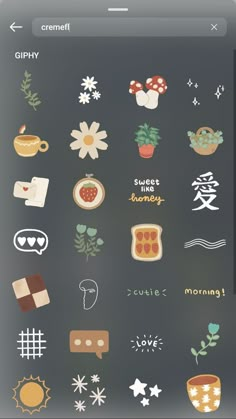 an iphone screen with various stickers on it, including flowers and other things in the background