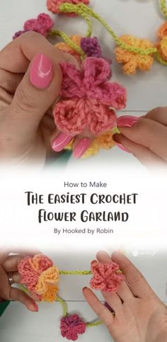 crochet flower garland being worked on by two hands with text overlay that reads, how to make the easier crochet flower garland