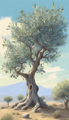 an artistic painting of a tree in the desert