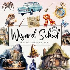 the wizard school watercolor clipart is displayed in front of a white background with an old