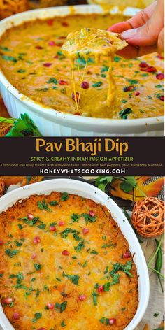 a person dipping cheese into a casserole in a white dish with the title, pav bhaji dip