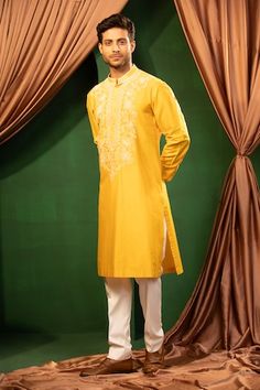 Yellow kurta with thread embroidery on front and piping detail on collar, cuffs. Paired with a white pant. - Aza Fashions Yellow Kurta, Jayanti Reddy, White Pant, Anushree Reddy, Rohit Bal, Tarun Tahiliani, Yellow Silk, Luxury Sale, Thread Embroidery