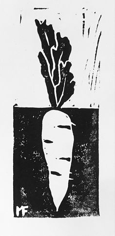 a black and white drawing of a carrot with leaves on it's head in a square