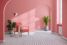 an empty room with pink walls and wooden flooring, potted plants on the far wall