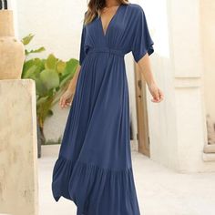 The Short Sleeve Maxi Dress Is Made Out Of 95% Rayon 5% Spandex (Very Soft!), Comfy, And Not See Through. It's Flowy, Features A Plunging V Neckline, Short Sleeves, Maxi Floor Length, High And Elastic Waist. Size M (Us). New With Tags, Never Worn. Waist: 28.8in Hip: 50.4in Sleeve Length: 15.6in Cuff: 11.2in Hem Length: 47.6in Blue V-neck Midi Dress Solid Color, Stretch Solid Color Maxi Dress For Beach, Blue V-neck Solid Color Dress, Blue Solid Color Maxi Dress For Beach, Blue Solid Color Beach Maxi Dress, Stretch Dress For Vacation, Blue Solid Color Maxi Dress, Blue Solid Color Midi Beach Dress, Blue Solid Color Midi Dress For Beach