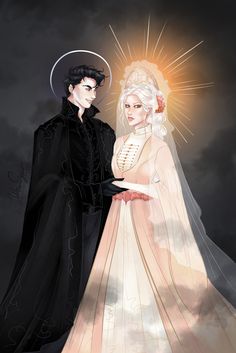 a man and woman dressed up as brides standing in front of a dark sky