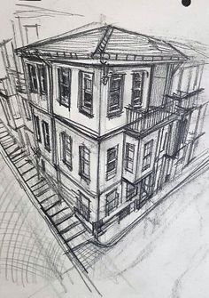 a drawing of a house with stairs leading up to the second story and another building in the background