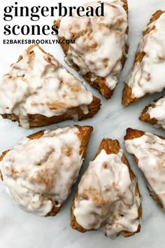 there are six pieces of bread with icing on it and the words gingerbread scones