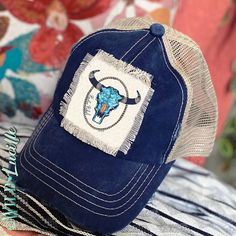 Rodeo Rebel Turquoise Skull Navy Trucker Hat Caps Bolero Hat, Upcycle Clothes Diy, Hat Patches, Bull Skulls, Western Hats, Best Graphics, Cute Hats, Skull Print, Ball Cap