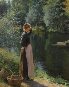 a painting of a woman standing next to a river