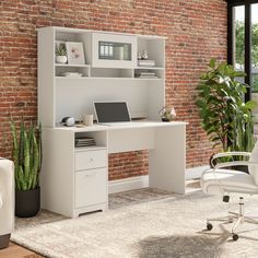 The Bush Furniture Cabot 60W Desk Hutch presents a home office storage solution with transitional style. Enjoy plenty of space to organize important work materials and brighten up your workspace with plants, pictures, and other decorations. The center cabinet's fluted glass door flips up to reveal a compartment that's perfect for the items you want kept in order but out of sight. Open shelves to the left and right offer an ideal place to stash a small collection of books or show off your favorite decorations. Three open cubbies at the bottom provide easy access to work-in-progress and frequently used materials. The design leaves room for monitors up to 18 inches high while a space at the bottom allows cords and cables to pass through conveniently. Choose from several traditional and contem Corner Desk With Hutch, Computer Desk Design, Office Desk Designs, Corner Desk Office, Desk With Hutch, Computer Desk With Hutch, Corner Computer Desk, Corner Office, File Drawer