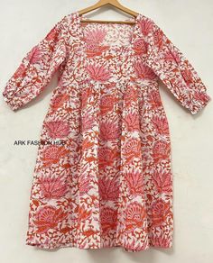 Indian hand Block Printed Cotton Dress, Women Wear Stylish Summer Dress, Evening Dress, Comfortable Dress,  Indian Artisan Dress, Handmade Dress, Traditional Dress, Vegetable Dye, Natural Dye, Wooden Dye, Mini Midi Dress, Easy Wear Dress, Soft Cotton Dress, Gifts For Her Wearing This Hand Block Print Beautiful Dress, Which is Made Of Soft Pure Cotton Gauze Will Make You Feel Gorgeous All Day Long Fabric Drapes So Elegantly Making it Ideal For Dates, Travel, Lunch, Brunch Outings, Cocktail, Parti Pink Block Print Long Sleeve Dress, Fitted Red Block Print Dress, Pink Long Sleeve Dress With Block Print, Red Fitted Block Print Dress, Spring Block Print Tunic Dress, Spring Fitted Block Print Dress, Fitted Block Print Dress For Spring, Spring Block Print Fitted Dress, Travel Lunch