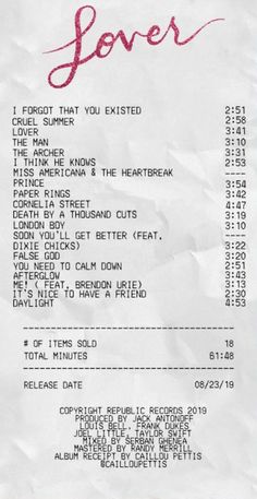 a receipt with the words love written on it