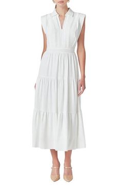 Dainty details blend with trend-right padded shoulders in a modern take on the romantic dress. Slips on over head V-neck with spread collar Sleeveless Lined 100% polyester Hand wash, dry flat Imported Cotton Poplin Dress, Tiered Midi Dress, Poplin Dress, Romantic Dress, Pin Tucks, Free Fabric, Ruffle Hem, Fabric Gifts, Nordstrom Dresses