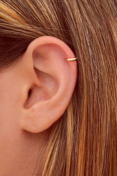 a woman's ear is shown with a tiny gold bar on the end of it